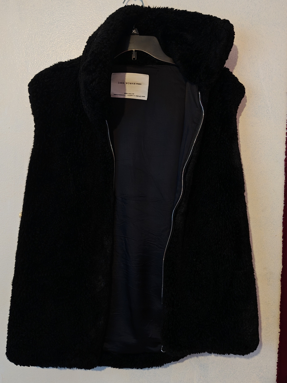 Zara Plush Black Faux Fur Sleeveless Vest with Stand Collar